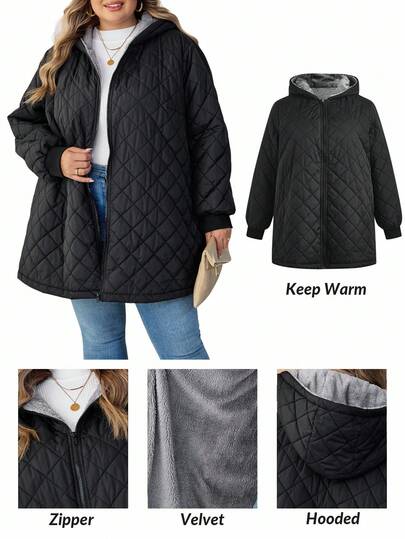 SHEIN CURVE+ Curve Plus Size/Autumn Clothes /Fall Women Clothes/Winter Clothes For Women/Winter ClothesWomen's Plus Size Black Hooded Padded Thermal Lined Coat, Autumn/Winter Plus Size Jackets Plus Size Winter Clothes Women Curve Plus Clothing 8xl Women Clothes 6xl Plus Womans Clothes