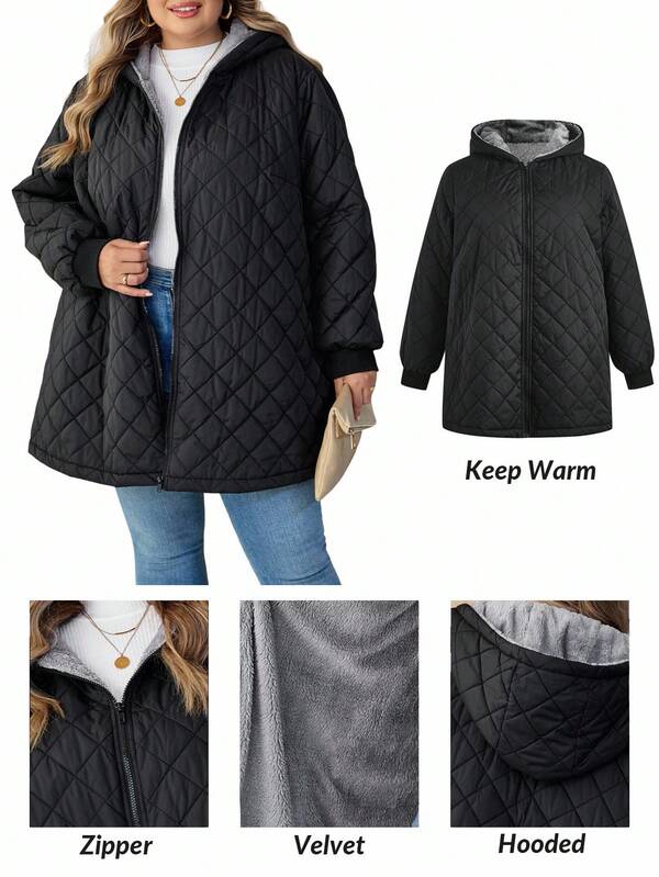 SHEIN CURVE+ Kurvenreiches Damen Übergangsjacke in Große Größen, gefüttert mit Fleece, mit Kapuze, schwarz, für Herbst/Winter