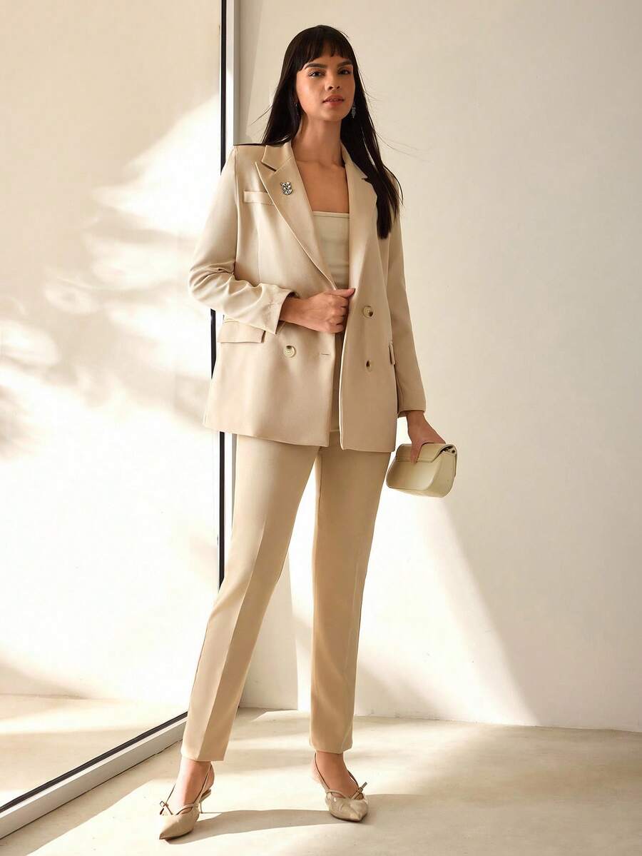 CLARA VERO Women Solid Color Suit Sets Blazer Jacket And Pants Rhinestone And Button Front Detailed - Beige - View 1