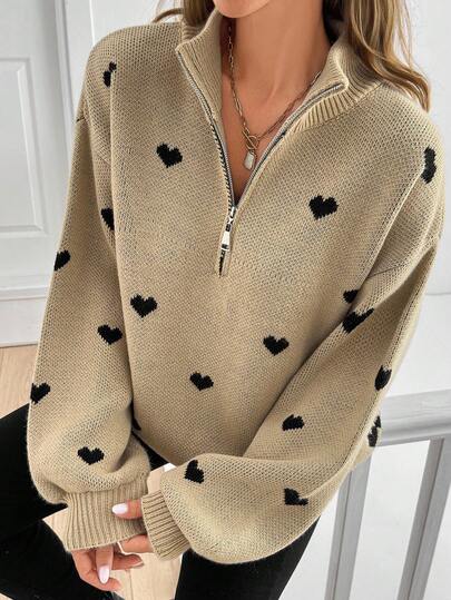SHEIN Tall Tall Women Heart Pattern Zipper Detail Autumn Winter Casual Sweater Zip Up Sweater