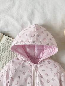 Baby Girls Cute Floral Print Hooded Jacket Fall Winter - Pink - View 3