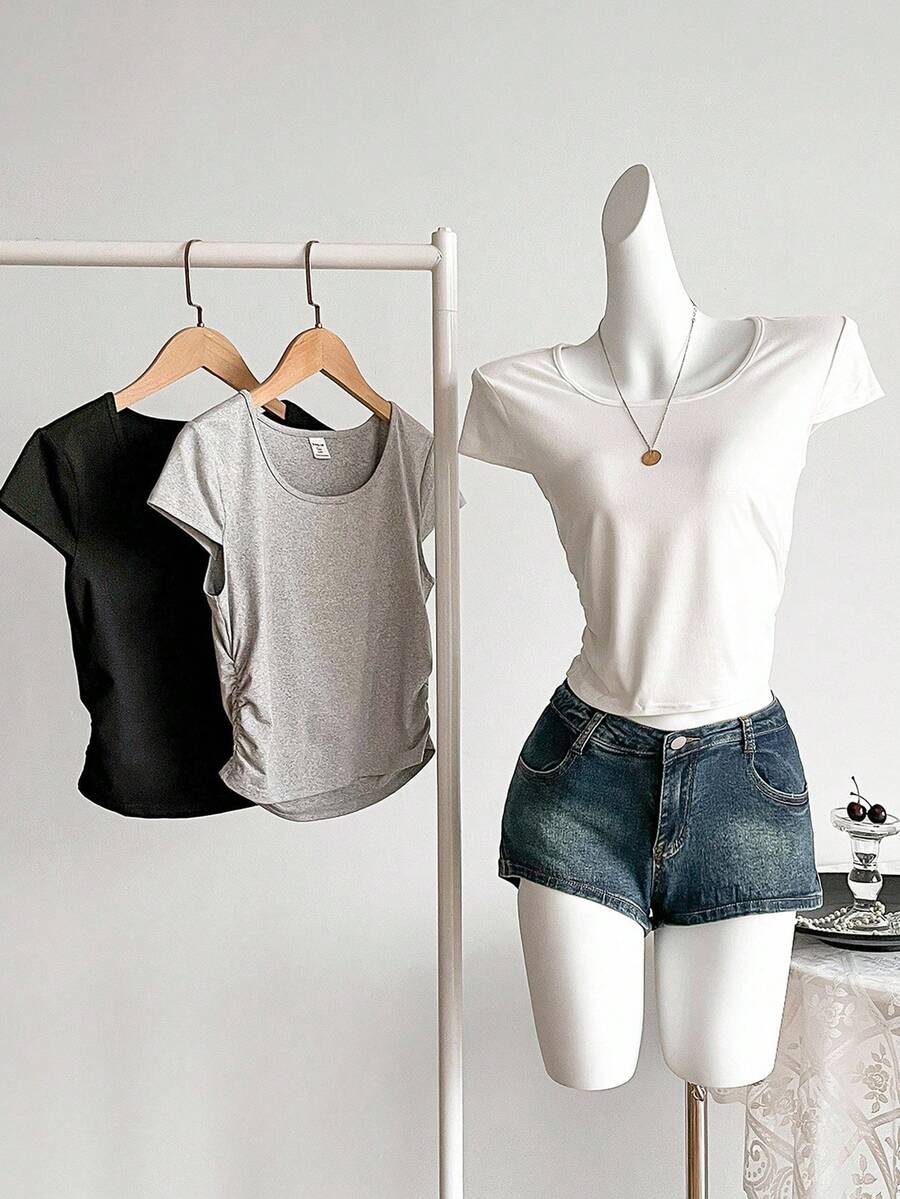 3 件套青少年女孩休闲百搭简约都市修身黑白灰色 T 恤套装