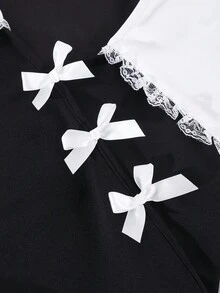 2pcs/Set Teenage Girls' Contrast Color Lace Collar Bow Cropped Top And Solid Color Mini Skirt Suit, Sweet & Retro Style - Black - View 7