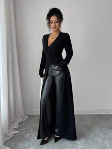 Elenzga 女士秋冬休闲复古风开衫，百搭优雅，修身剪裁，长款，轻盈黑色针织毛衣，适合外出、约会、工作、上学、度假 - 黑色 - 查看 5