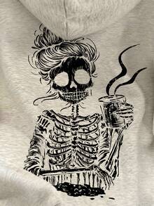 SHEIN 休闲宽松骷髅印花落肩抽绳卫衣 - 淺灰色 - 查看 4