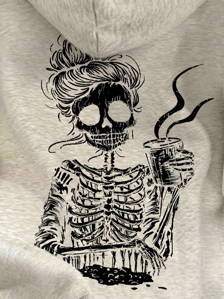 SHEIN Casual Loose Skull Print Drop Shoulder Drawstring Sweatshirt - Light Grey - View 4