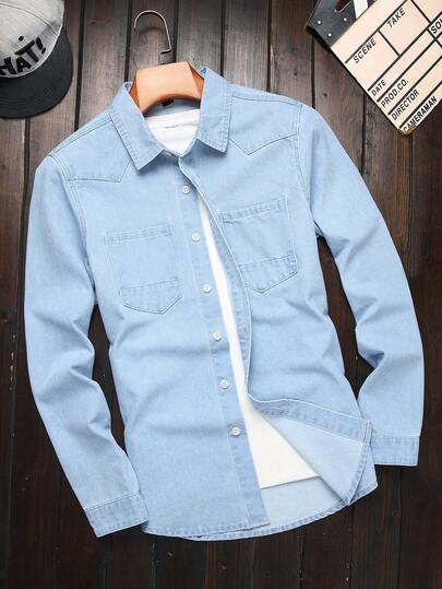 Manfinity Homme Men's Casual Slim Fit Long Sleeve Denim Shirt With Pockets, Street Style Boyfriend & Husband Business Casual Comfortable Washed Pocket Light For Hang Out, Fall