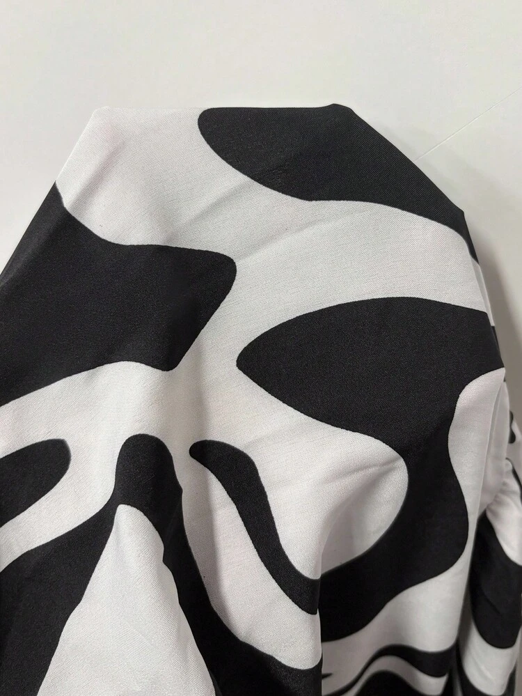 プラスサイズ カジュアル ミニマリスト ランタンスリーブ アシンメトリー柄プリント ミドル丈 ウエストシンチ ドレス