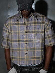 NEON BLANC 男士前卫紫色格子蜘蛛网水钻装饰宽松落肩衬衫 - 紫色 - 查看 5