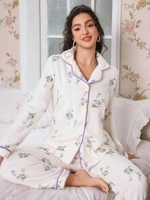 CottageSlumber 双面印花法兰绒蓬松睡衣套装，舒适优雅细节抓绒睡衣，秋冬服装 - 紫色 - 查看 1