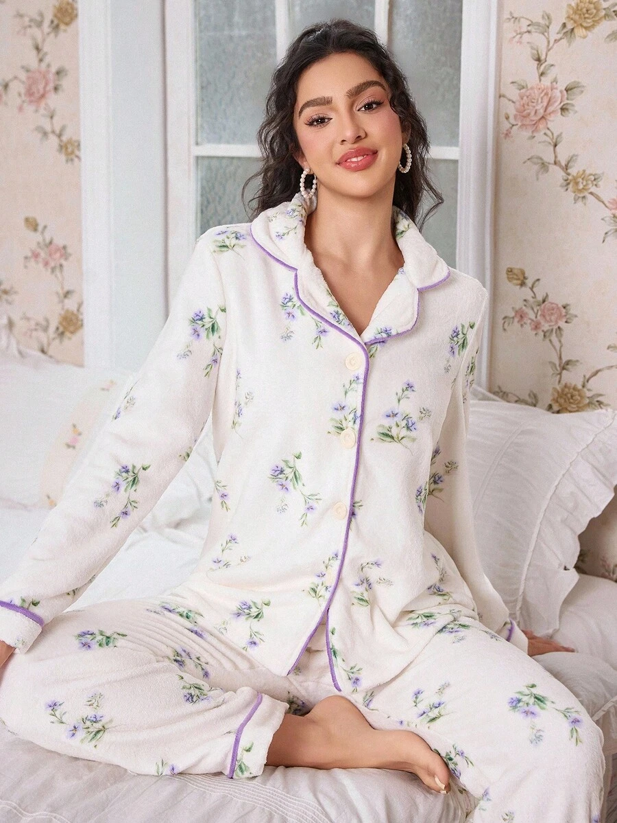 CottageSlumber 双面印花法兰绒蓬松睡衣套装，舒适优雅细节抓绒睡衣，秋冬服装 - 紫色 - 查看 1