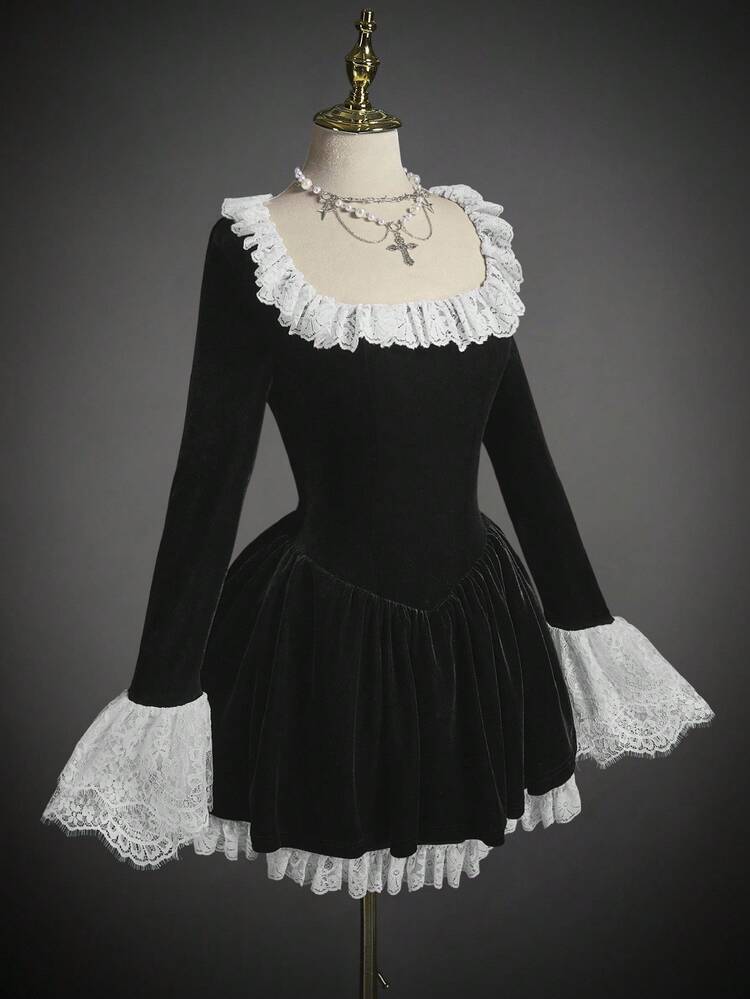 SHEIN ICON Robe mini à manches longues en dentelle et velours blocs de couleurs