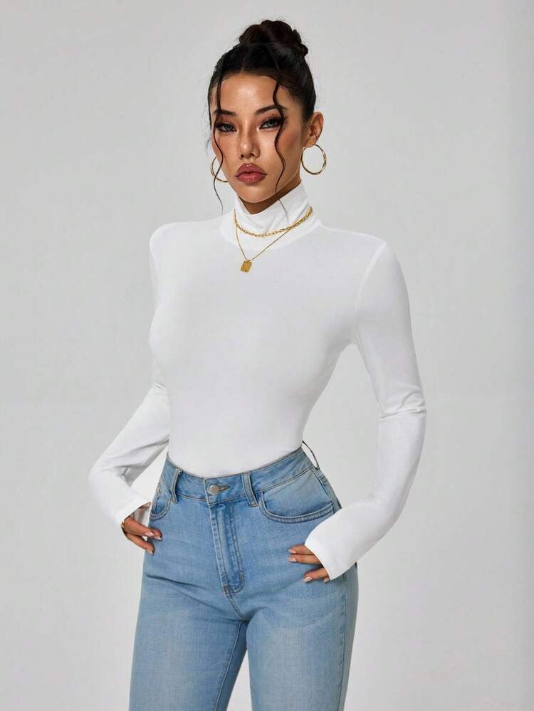 High Neck Slim Fit Basic Tee Fall Cloth For Women