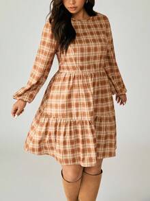 SHEIN LUNE Plus Size Ruffled Plaid Dress Fall Cloth For Women - Multicolor - View 5