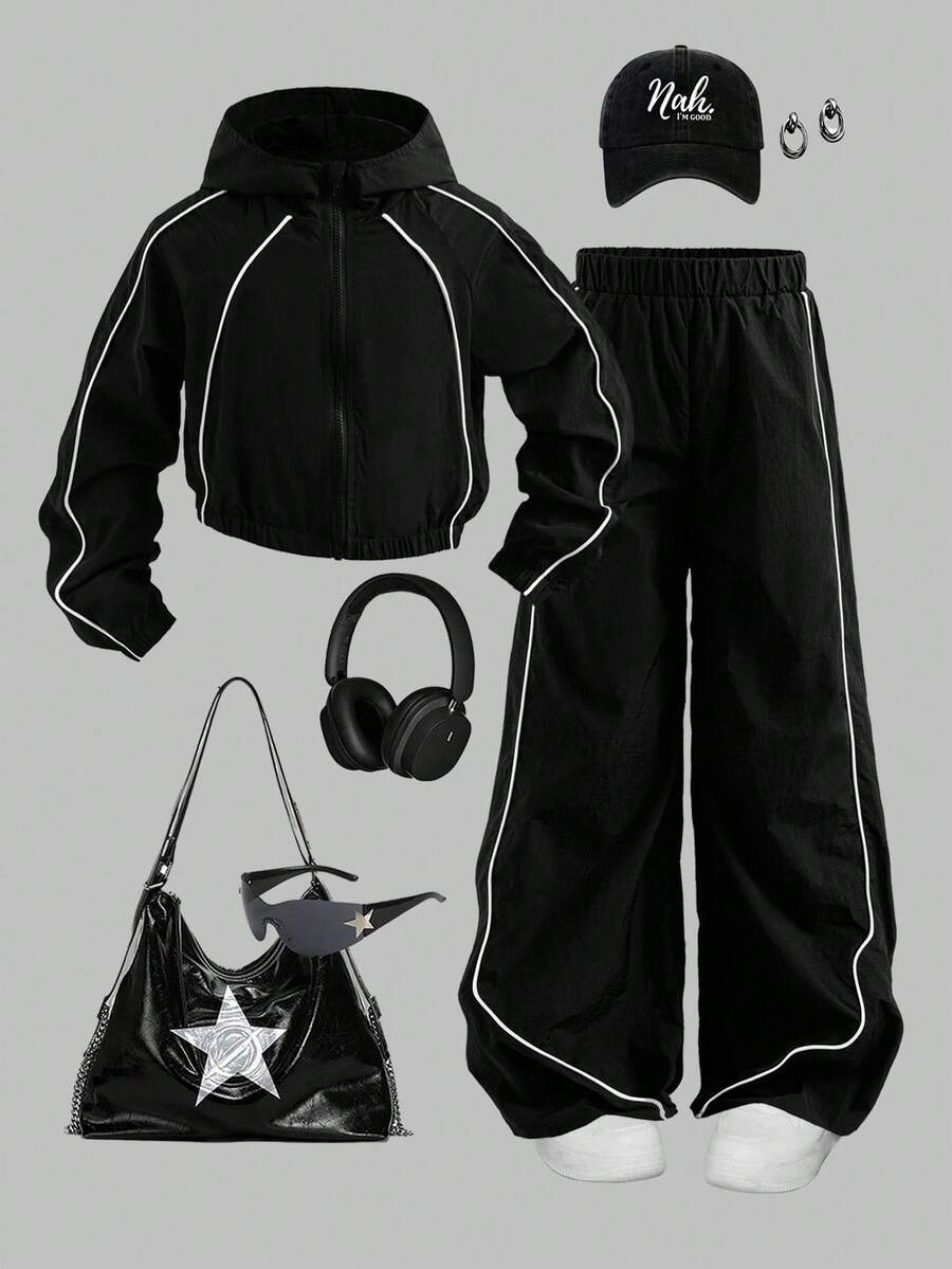 Tween Girl 撞色连帽拉链夹克和阔腿裤套装 - 黑色 - 查看 1