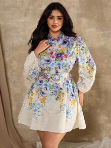 Roveilla 大码女式花卉印花立领灯笼袖优雅连衣裙 - 彩色 - 查看 5