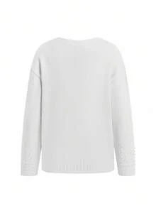 Ellevyn Suéter feminino elegante de cor sólida, decote em V, manga comprida, com detalhes em pérolas, adequado para várias ocasiões no outono/inverno - Branco - Ver 2