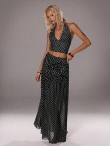 TRNVIE 1pc Women's Sexy Halter Neck Backless Camisole Top And 1pc High Waist Chiffon Maxi Skirt 2-Piece Set, Elegant For Daily, Commute, Party - Black - View 6