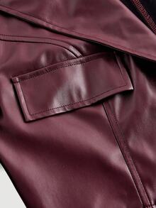 SHEIN MOD Women's Fashion Winter Set, Street Style Solid Color PU Leather Lapel Collar Flap Detail Cropped Jacket And Single-Breasted Tube Dress Set, Autumn,Burgundy Leather Suit,Burgundy Suit,Chic Women's Set ,,Fall - Burgundy - View 7