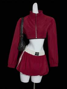 SHEIN ICON 秋冬街头休闲纯色拉链长袖短款女士夹克 - 紅色 - 查看 5