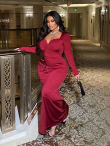 NU&NOW Christmas Plus Size Women Solid Color Sexy Elegant Lace Patchwork Ruffle Waist Long Sleeve Maxi Bodycon Dress, Evening Gown Fall Cloth For Women - Red - View 3