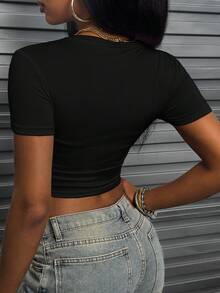 Women's Fashion Rhinestone Lip Print Cropped T-Shirt, Summer - Black - View 2