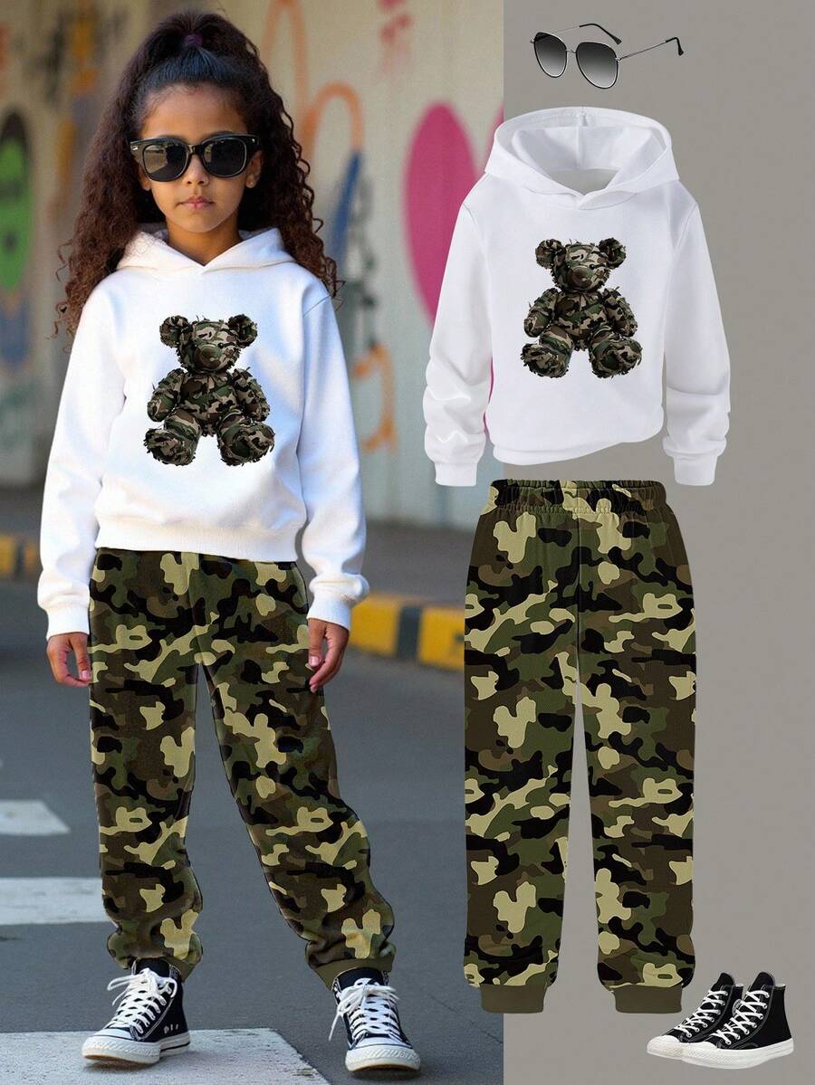 2pcs/Set Young Girl Casual Fashionable Camouflage Bear Graphic Hoodie And Sweatpants Set, Suitable For Autumn, Winter, Spring 2 Piece Set For Girls Camo Sweatpants For Girls Girls Camo Hoodie Kids Camo Sweatsuit Camo Bear Hoodie Camo Hoodie Set For Teens 2 Piece Set For Teens Sweats For Girls Young Girls Sets Fall - Multicolor - View 1