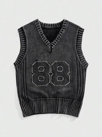Prep Men's Casual Loose V-Neck Knitted Vest With Digital Embroidery, Autumn