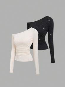 Sweetra Conjunto de 2 peças de camiseta feminina nova, sexy, chique, assimétrica, ombro de fora, bolinhas, strass, slim fit, manga comprida - Multicolorido - Ver 1