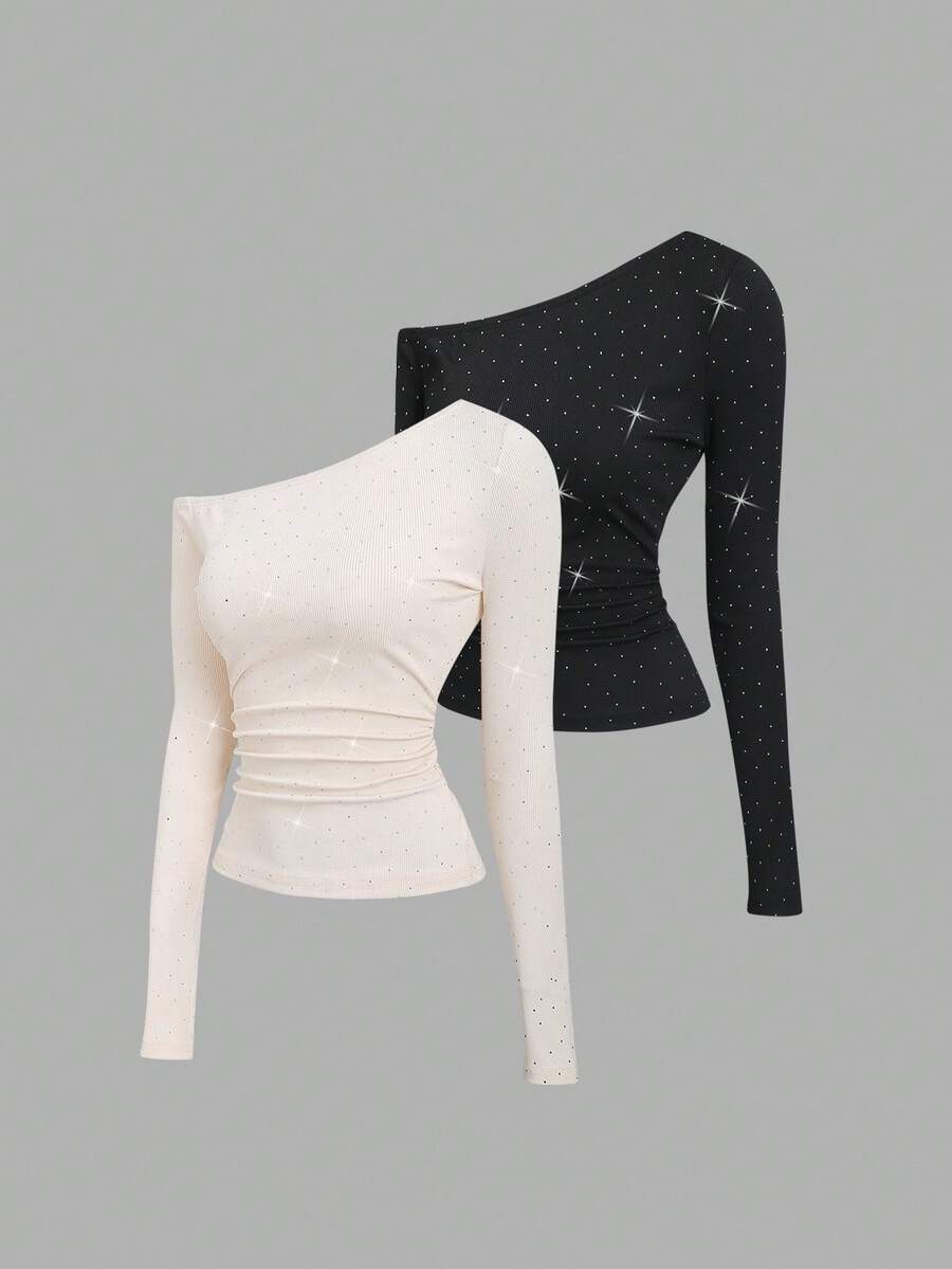 Sweetra Conjunto de 2 peças de camiseta feminina nova, sexy, chique, assimétrica, ombro de fora, bolinhas, strass, slim fit, manga comprida - Multicolorido - Ver 1
