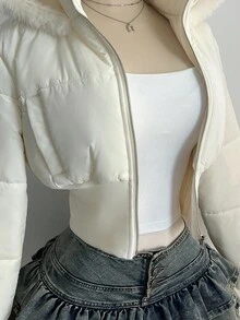 Elamini 女士时尚杏色复古拼接短款皮草连帽束腰立领长袖短款棉服外套，适合秋冬季 - 杏色 - 查看 7