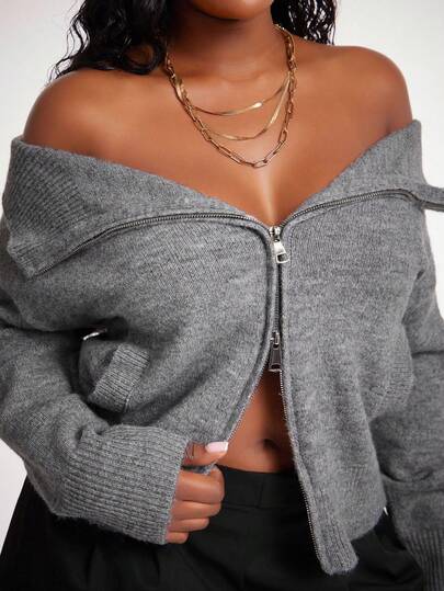 SHEIN SXY Plus Size Women's Sexy Casual Off Shoulder Zip-Up Gray Cardigan, Suitable For Sexy Office Siren Coquettish, Prom, Ball, Valentine's Day, Cruise Attire, Commuting, Business