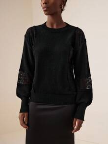 Vesra 女士休闲撞色蕾丝灯笼袖圆领毛衣，秋冬 - 黑色 - 查看 1