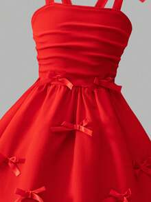 SHEIN Vestido de gasa maxi para niña preadolescente con elegante lazo 3D de unicolor, tirantes fruncidos, adecuado para fiestas y eventos, nueva llegada primavera/verano - Rojo - Ver 6