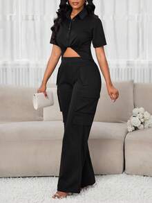 SHEIN Lady Women's Summer Fashion Solid Color Shirt & Cargo Pants 2 Pieces Set - Black - View 3