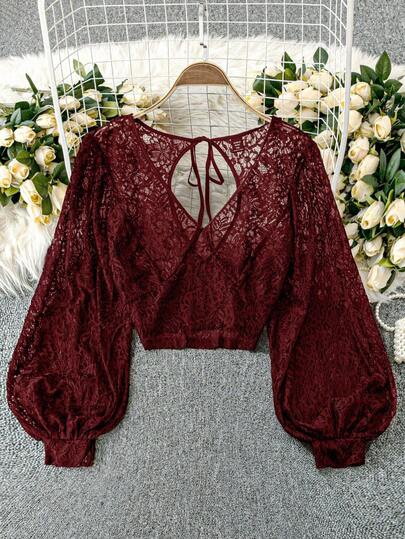 SHEIN Unity Blusa de encaje con mangas de farol, semitransparente y sexy, para mujer de talla grande