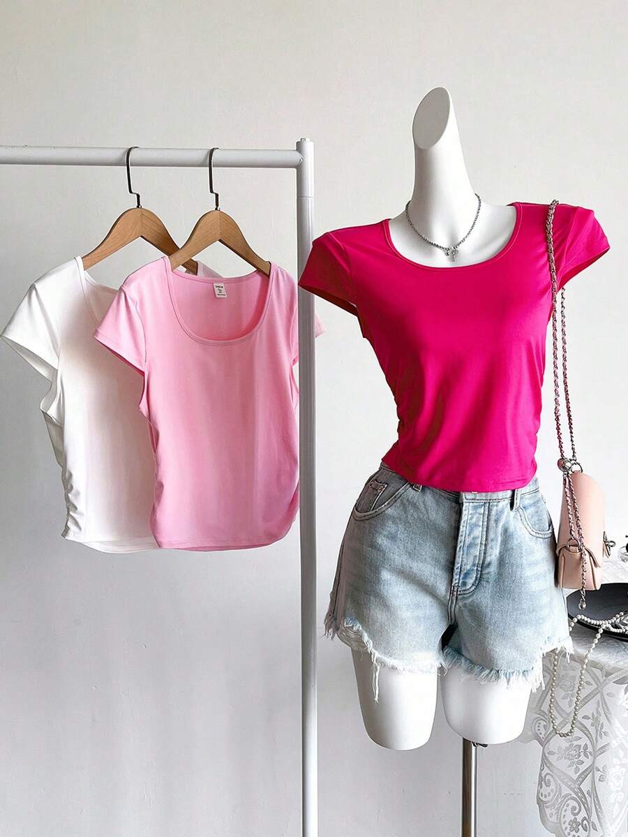 青少年女孩休闲百搭简约都市风格紧身黑/白/灰三色 T 恤套装 - 彩色 - 查看 1