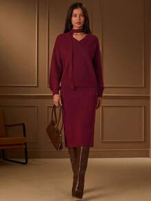 Lilora Damen Einfarbiger Pullover, Drop-Shoulder Langarm und gestrickter Mini-Rock Lässig 2-teiliges Set, Herbst - Bordeaux - Übersicht 4