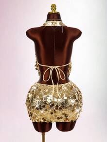 Amplova Conjunto de 2 peças plus size feminino, cor sólida, com decote drapeado e minissaia justa, sexy e moderno - Ouro - Ver 8