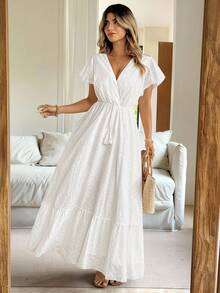 Vionelle 加大码女式法式优雅浪漫长裙，V 领，荷叶边袖，收腰设计和喇叭裙