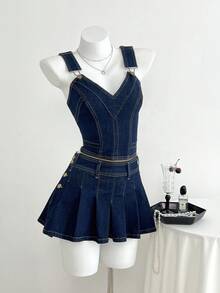 Elamini 女式无袖 V 领时尚修身上衣和褶皱牛仔迷你裙两件套 - 藍色 - 查看 5