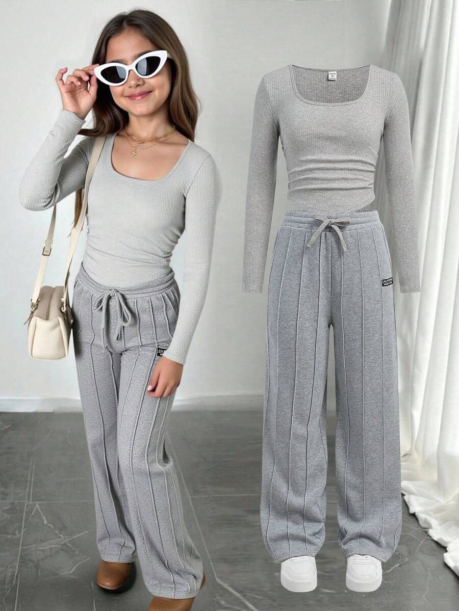 SHEIN Tween Girl Casual Street Style Ruched U-Neck Long Sleeve Ribbed Knit Fitted T-Shirt And Pleated Wide Leg Sweatpants Set, Suitable For Home, Outdoor, School, Grey Fall Winter