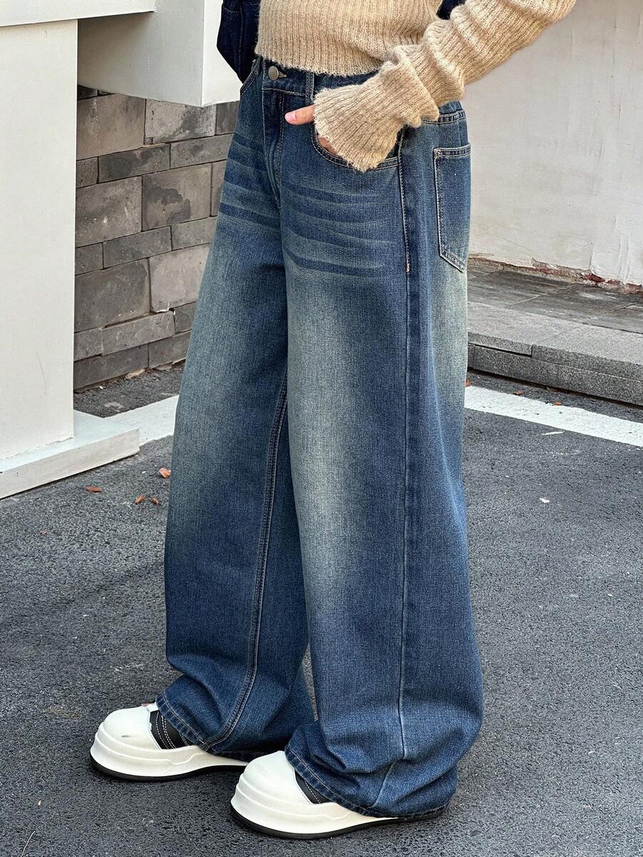 DAZY 少女休闲水洗宽松阔腿牛仔裤 - 深色水洗藍 - 查看 1