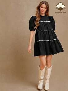 WESTFADE Contrast Trim Mock Neck Ruffle Short Sleeve Tiered 100% Textured Cotton Mini Dress Cute Fall Clothes, Casual Cowgirl, Fall, Autumn, Boho, Winter, Country Concert Outfit, Western Wear For Women - Black - View 1