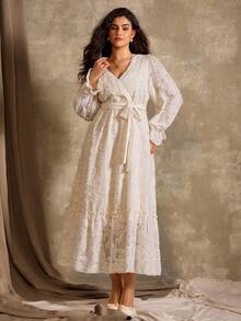 Roveilla Plus Size Autumn/Winter Cutout Floral Ruffle Sleeve Elegant Dress - Apricot - View 6