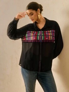 SHEIN VCAY Plus Size Women's Black Chiffon Blouse,Boho Print Long Sleeve Shirt For Autumn Summer,Dinner Tops,Fall Clothes Blouses For Women New - Black - View 6