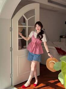 DAZY 2 件套女式格子休闲扭纹荷叶边吊带衬衫套装秋冬