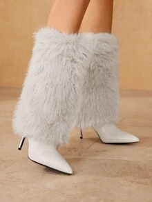 MOTF 毛茸茸的尖头高跟中筒靴，宽松的及膝靴，适合通勤、约会、派对和其他时尚场合 - 米色 - 查看 1