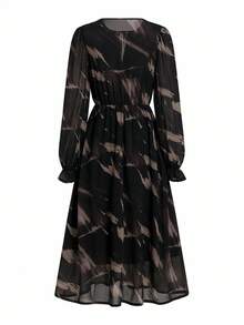 Ellevyn 女士优雅豹纹雪纺飘逸 A 字灯笼袖连衣裙 - 黑色 - 查看 7