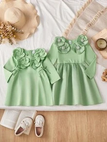 女宝宝浅绿色休闲可爱韩版时尚日常连衣裙，春秋 - 綠色 - 查看 1